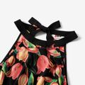 Family Matching Tulip Floral Print Black Halter Neck Off Shoulder Sleeveless Dresses and Short-sleeve Cotton T-shirts Sets Black
