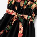 Family Matching Tulip Floral Print Black Halter Neck Off Shoulder Sleeveless Dresses and Short-sleeve Cotton T-shirts Sets Black image 4