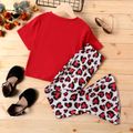 2-piece Kid Girl Twist Front Tee and Heart Print Flared Pants Set Red