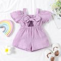 Baby Girl Solid Textured Cold Shoulder Short-sleeve Bowknot Hollow Out Romper Purple