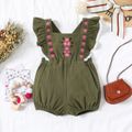 100% Cotton Baby Girl Floral Embroidered Sleeveless Ruffle Romper Celadon