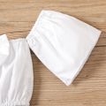 100% Cotton 3pcs Baby Girl Off Shoulder Short-sleeve Bowknot Crop Top and Layered Lace Shorts with Headband Set White image 3