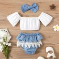 100% Cotton 3pcs Baby Girl Off Shoulder Short-sleeve Bowknot Crop Top and Layered Lace Shorts with Headband Set White image 5