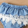 100% Cotton 3pcs Baby Girl Off Shoulder Short-sleeve Bowknot Crop Top and Layered Lace Shorts with Headband Set White image 4