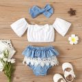 100% Cotton 3pcs Baby Girl Off Shoulder Short-sleeve Bowknot Crop Top and Layered Lace Shorts with Headband Set White image 1