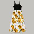 Family Matching Solid Spaghetti Strap Splicing Sunflower Floral Print Dresses and Short-sleeve T-shirts Sets ColorBlock image 2