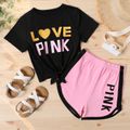 2-piece Kid Girl Letter Print Tie Knot Short-sleeve Tee and Colorblock Shorts Set Black