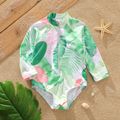 Toddler Girl Floral Leaf Print Zipper Design Long-sleeve Onepiece Swimsuit Pale Green
