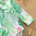 Toddler Girl Floral Leaf Print Zipper Design Long-sleeve Onepiece Swimsuit Pale Green