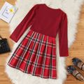 Kid Girl Christmas Letter Print Sequined Heart Pattern Red Plaid Stitching Long-sleeve Dress Red