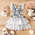 Baby Girl Black and White Tweed Splicing Lace Bowknot Sleeveless Romper White