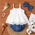 3pcs Baby Girl 95% Cotton Spaghetti Strap Lace Top and Imitation Denim Shorts with Headband Set Blue