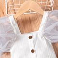 Toddler Girl Square Neck Button Design Mesh Puff-sleeve Tee White