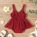Baby Girl Mesh Design Solid Crepe Sleeveless Bowknot Hollow Out Romper Red image 3