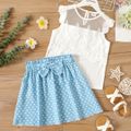 2-piece Kid Girl Floral Mesh Design Sleeveless White Top and Bowknot Design Polka dots Skirt Set Light Blue
