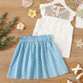2-piece Kid Girl Floral Mesh Design Sleeveless White Top and Bowknot Design Polka dots Skirt Set Light Blue