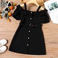 Kid Girl Button Design Cold Shoulder Solid Color Belted Short-sleeve Dress Black