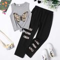 2-piece Kid Girl Butterfly Print Tie Knot Sleeveless Tank Top and Leopard Print Patchwork Ripped Black Pants Set Grey