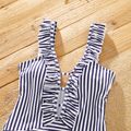 Family Matching Letter Print Splicing Striped Swim Trunks Shorts and Ruffle One-Piece Swimsuit Azure image 3