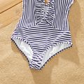 Family Matching Letter Print Splicing Striped Swim Trunks Shorts and Ruffle One-Piece Swimsuit Azure image 4
