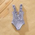 Family Matching Letter Print Splicing Striped Swim Trunks Shorts and Ruffle One-Piece Swimsuit Azure image 5