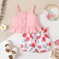 2pcs Baby Girl 100% Cotton Pink Sleeveless Ruffle Top and Floral Print Bowknot Shorts Set Pink