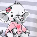 3pcs Baby Girl Cartoon Elephant Print Grey Striped Ruffle Short-sleeve Romper and Suspender Skirt with Headband Set Grey