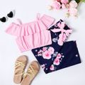 2-piece Kid Girl Off Shoulder Flounce Strap Tee and Bowknot Design Floral Print Pants Set Pink