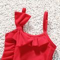 طفلة ملابس السباحة قطعة واحدة الصلبة bowknot كشكش السباغيتي حزام أحمر image 2