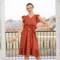100% Cotton Solid V Neck Ruffle Short-sleeve Dress for Mom and Me Amarante