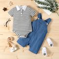 2pcs Baby Boy Contrast Collar Short-sleeve Striped Romper and Imitation Denim Overall Shorts Set Color block image 2
