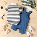 2pcs Baby Boy Contrast Collar Short-sleeve Striped Romper and Imitation Denim Overall Shorts Set Color block image 3
