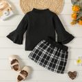 2pcs Baby Girl Black Ribbed Long Bell Sleeve Top and Tweed Skirt Set Black