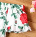 2-piece Kid Girl Off Shoulder Floral Print/Stripe Tee and Elasticized Wide Leg Pants Set Red