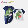 Gigantosaurus Siblings Heart and Dino Print Brothers Tee and Jumpsuit Dark Blue/white