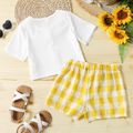 2-piece Kid Girl Button Design Short-sleeve White Tee and Bowknot Design Dazzling Plaid Shorts Set White