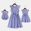 Blue Pinstriped Sleeveless Ruffle Belted Dress for Mom and Me BLUEWHITE
