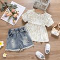 2pcs Floral Allover Ruffle Decor Short-sleeve Green or Pink Shirt and Ripped Denim Shorts Baby Set Light Pink