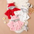 Solid Polka Dots Splice 3D Floral Decor Hooded 3D Ear and Tail Decor Fluffy Fleece-lining Long-sleeve White or Pink or Red Baby Coat Jacket White image 2