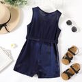 Kid Girl Button Design Solid Color Sleeveless Belted Chiffon Rompers Deep Blue image 3