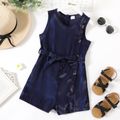 Kid Girl Button Design Solid Color Sleeveless Belted Chiffon Rompers Deep Blue image 1