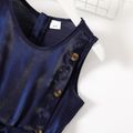 Kid Girl Button Design Solid Color Sleeveless Belted Chiffon Rompers Deep Blue image 4