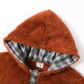 Baby Boy/Girl Coffee Fluffy Long-sleeve Hooded Splicing Plaid Jacket Coffee