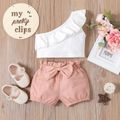 2pcs Baby Girl Solid One Shoulder Sleeveless Ruffle Top and Bloomers Shorts Set White image 1