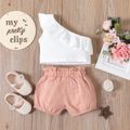 2pcs Baby Girl Solid One Shoulder Sleeveless Ruffle Top and Bloomers Shorts Set White image 2