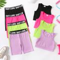 2pcs Kid Girl Solid Color Tank Top and Letter Print Shorts Sporty Set Black image 2