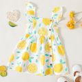 Toddler Girl Button Design Lemon Print/Plaid Flutter-sleeve Dress White image 1