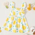 Toddler Girl Button Design Lemon Print/Plaid Flutter-sleeve Dress White