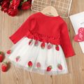 Baby Girl Button Up Solid Ribbed Long-sleeve Frill Splicing Fruit Embroidered Mesh Dress Red