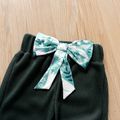 Easter 2-piece Toddler Girl Floral Rabbit Print Button Design Long-sleeve Tee and Bowknot Design Green Waffle Pants Set Dark Green